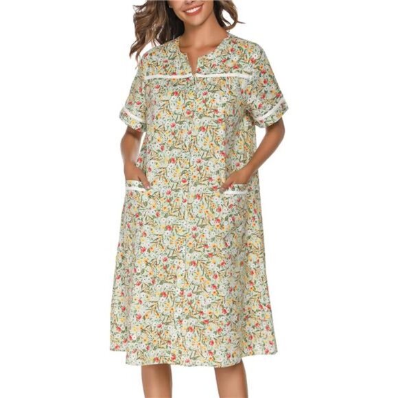 House Dress Womens Embroidered Housecoat Short Sleeve Duster Robe Front Pockets - Picture 1 of 5